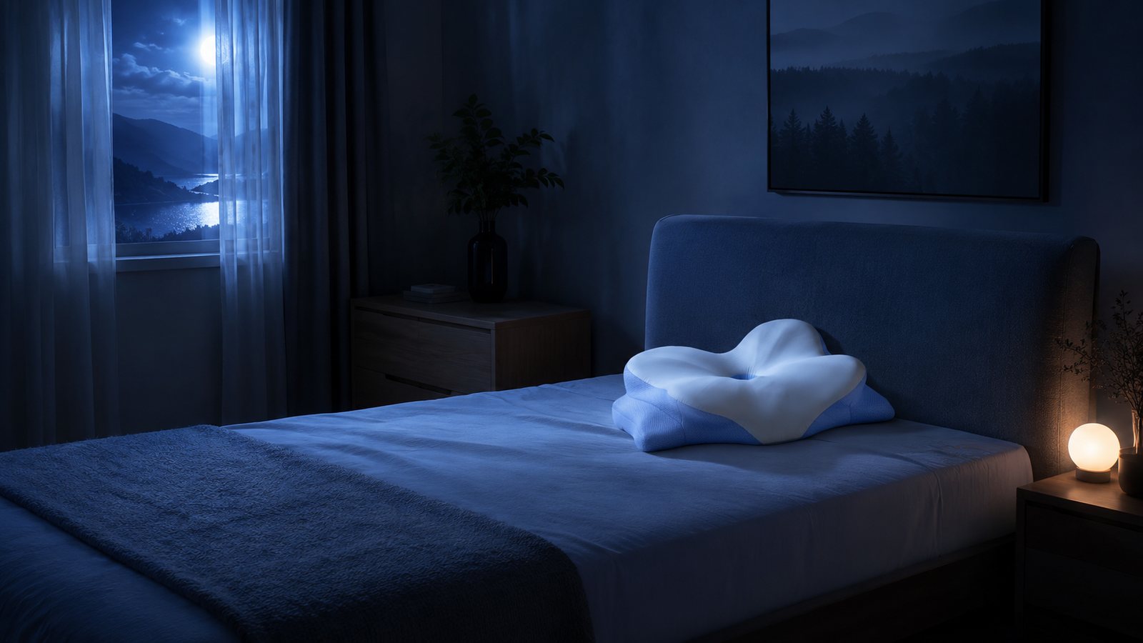A calm bedroom at night in soft blue moonlight